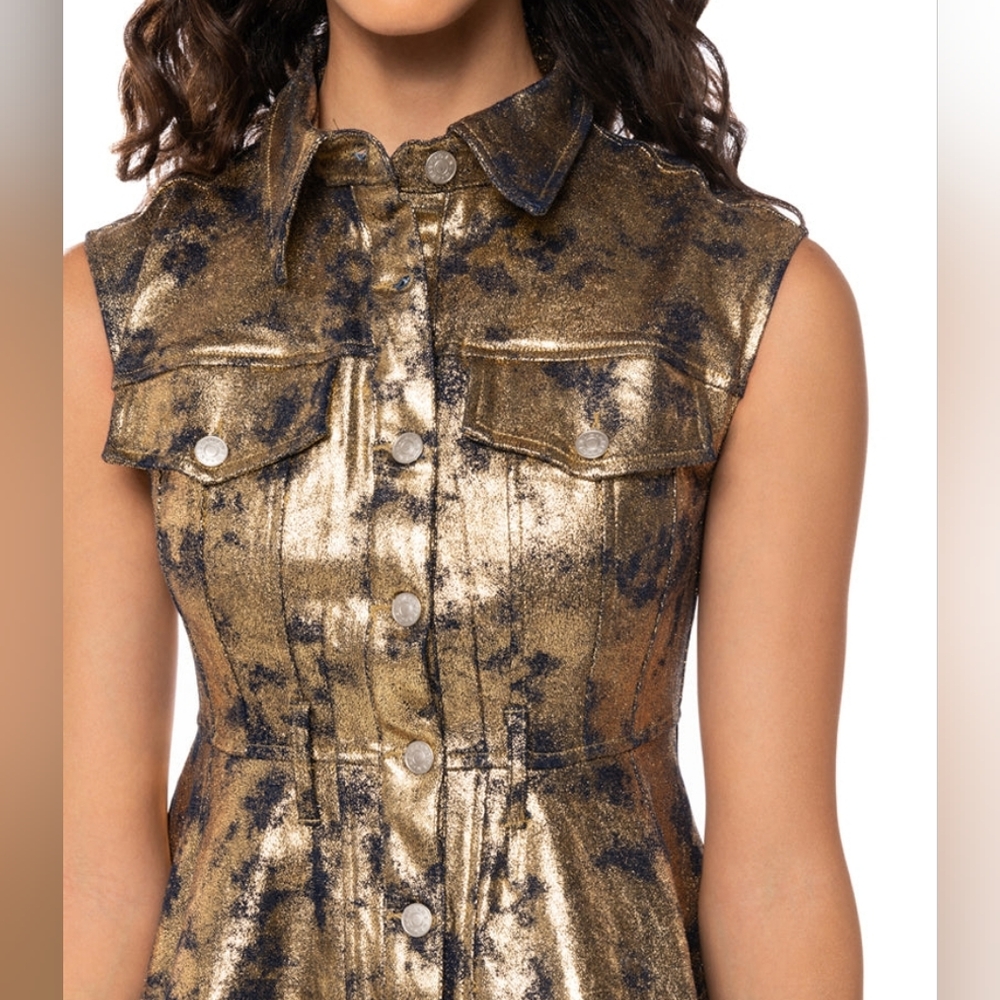 WINONA CAP SLEEVE BUTTON DOWN DENIM MIDI DRESS IN GOLD - S - Picture 2 of 5